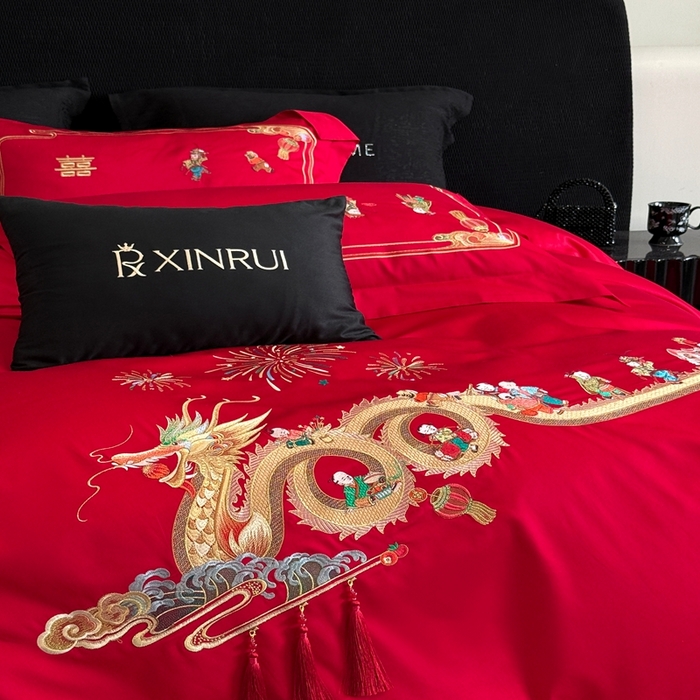 91家纺网 家纺一手货源 找家纺 （总）蕾诺家纺 2026新款100支高定婚庆系列四件套-百子戏园