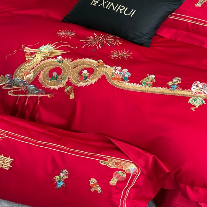 91家纺网 家纺一手货源 找家纺 （总）蕾诺家纺 2026新款100支高定婚庆系列四件套-百子戏园