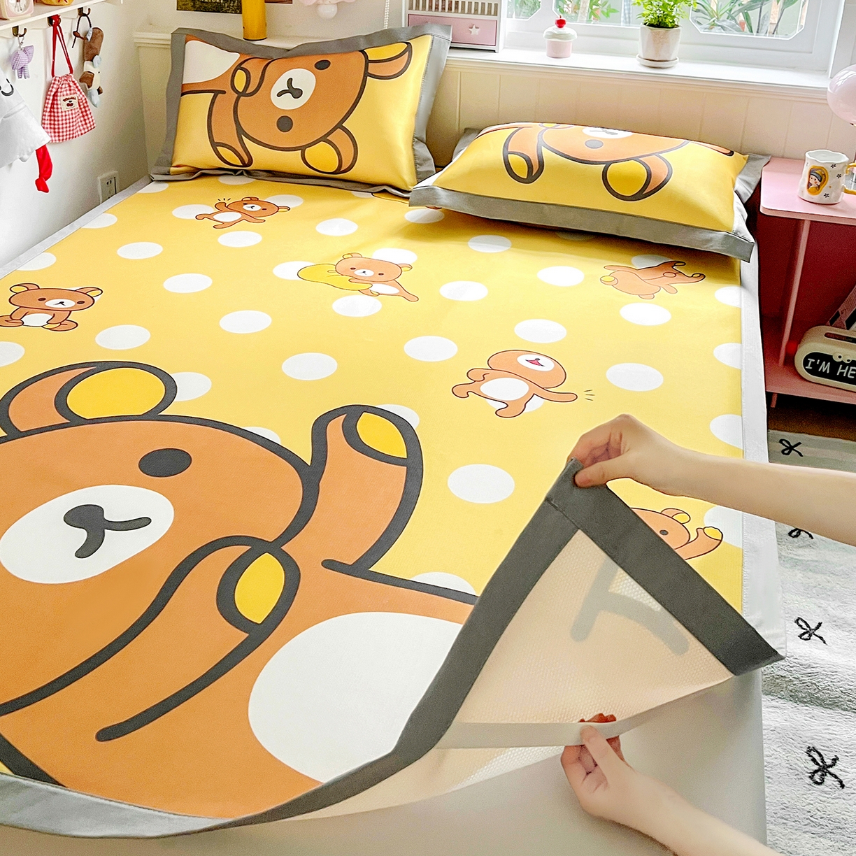 91家纺网 家纺一手货源 找家纺 KT猫直营店 2026新款数码卡通印花凉感冰丝软凉席席子 波点熊-席