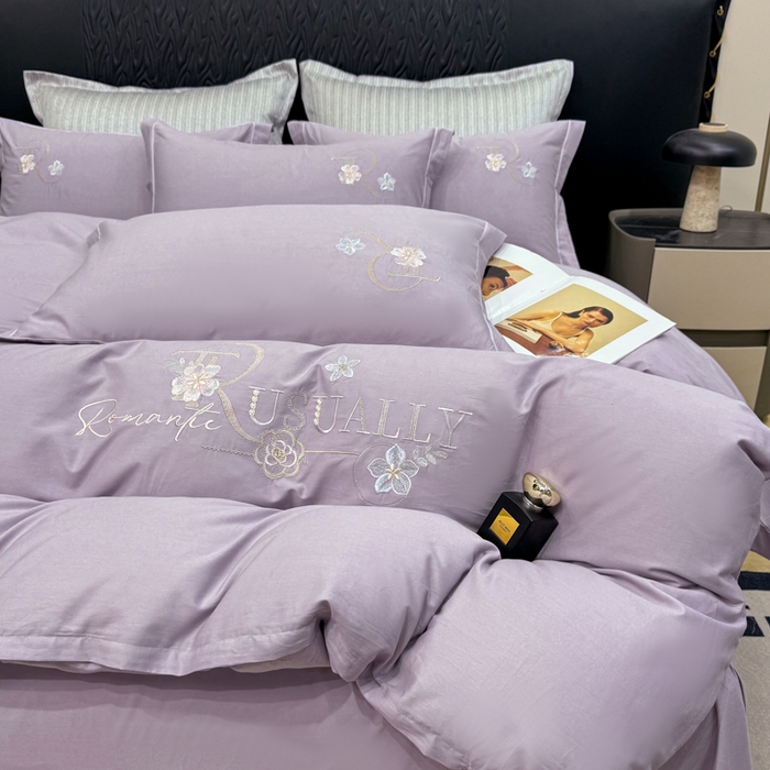 91家纺网 家纺一手货源 找家纺 昊翔家纺 2026全棉纯棉刺绣花四件套40支长绒棉100% 棉礼盒包装 春妍-淡雅紫