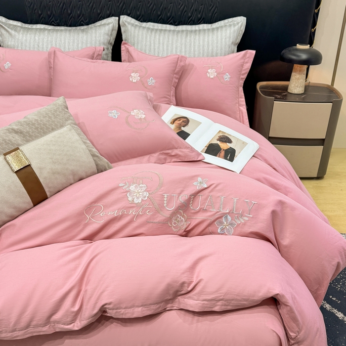 91家纺网 家纺一手货源 找家纺 昊翔家纺 2026全棉纯棉刺绣花四件套40支长绒棉100% 棉礼盒包装 春妍-贵族粉