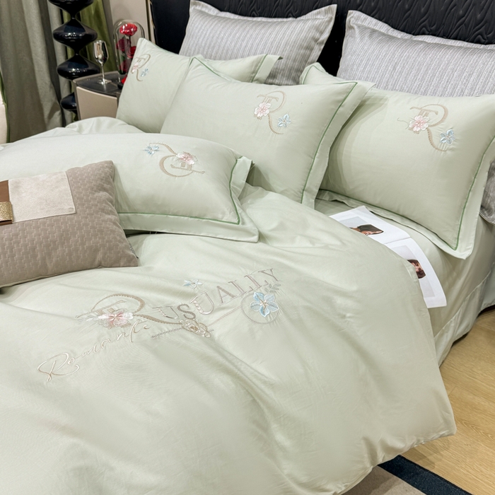 91家纺网 家纺一手货源 找家纺 昊翔家纺 2026全棉纯棉刺绣花四件套40支长绒棉100% 棉礼盒包装 春妍-水绿