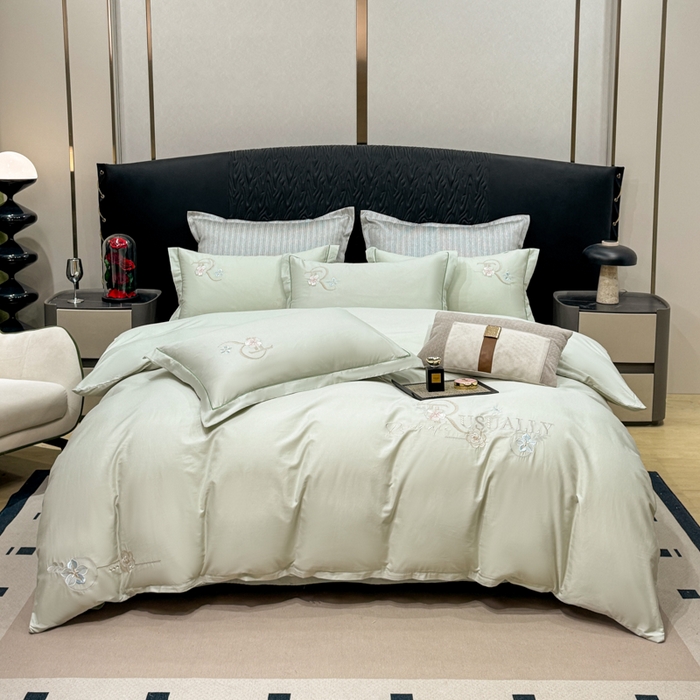 昊翔家纺 2026全棉纯棉刺绣花四件套40支长绒棉100% 棉礼盒包装 春妍-水绿