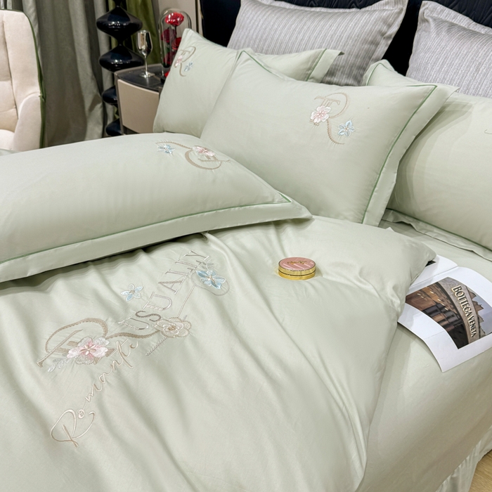 91家纺网 家纺一手货源 找家纺 昊翔家纺 2026全棉纯棉刺绣花四件套40支长绒棉100% 棉礼盒包装 春妍-水绿