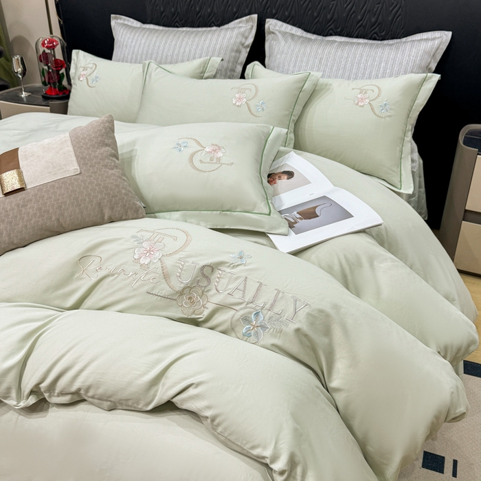 91家纺网 家纺一手货源 找家纺 昊翔家纺 2026全棉纯棉刺绣花四件套40支长绒棉100% 棉礼盒包装 春妍-水绿