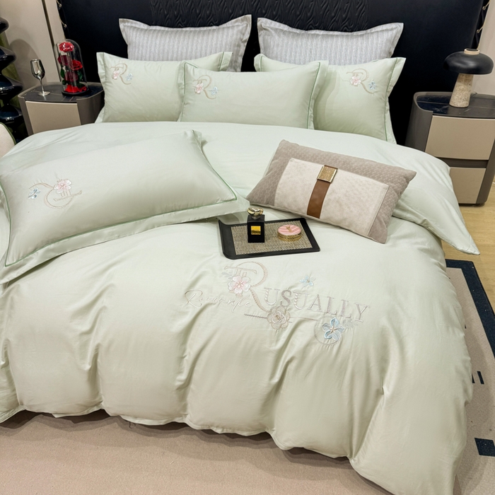 91家纺网 家纺一手货源 找家纺 昊翔家纺 2026全棉纯棉刺绣花四件套40支长绒棉100% 棉礼盒包装 春妍-水绿