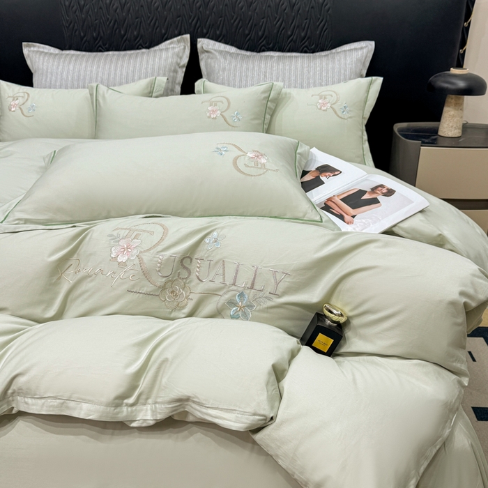 91家纺网 家纺一手货源 找家纺 昊翔家纺 2026全棉纯棉刺绣花四件套40支长绒棉100% 棉礼盒包装 春妍-水绿