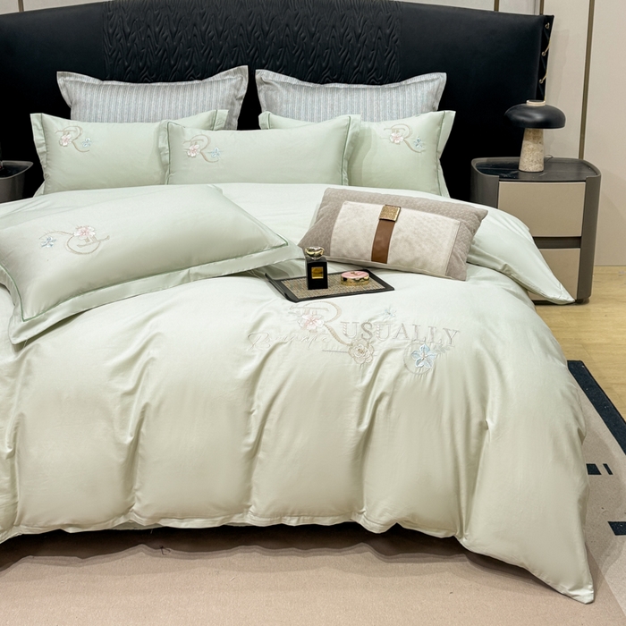 91家纺网 家纺一手货源 找家纺 昊翔家纺 2026全棉纯棉刺绣花四件套40支长绒棉100% 棉礼盒包装 春妍-水绿