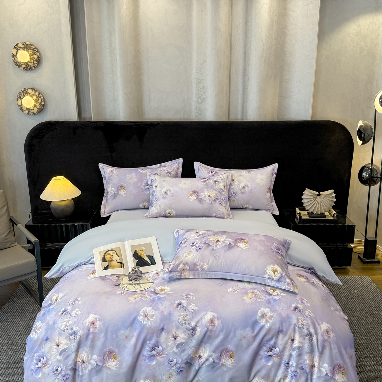 91家纺网 家纺一手货源 找家纺 喜四方 2026新款100%全棉60支长绒棉数码印花四件套（控价不低于180）青花舞梦-灰