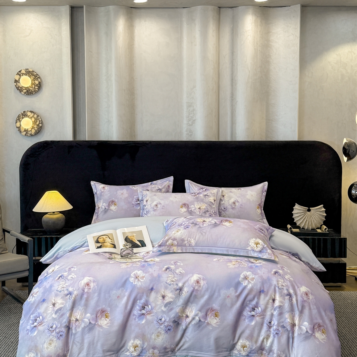 91家纺网 家纺一手货源 找家纺 喜四方 2026新款100%全棉60支长绒棉数码印花四件套（控价不低于180）青花舞梦-灰