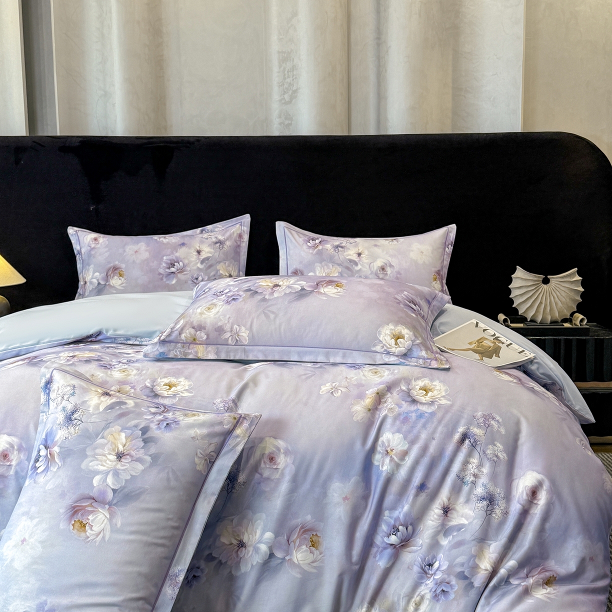 91家纺网 家纺一手货源 找家纺 喜四方 2026新款100%全棉60支长绒棉数码印花四件套（控价不低于180）青花舞梦-灰