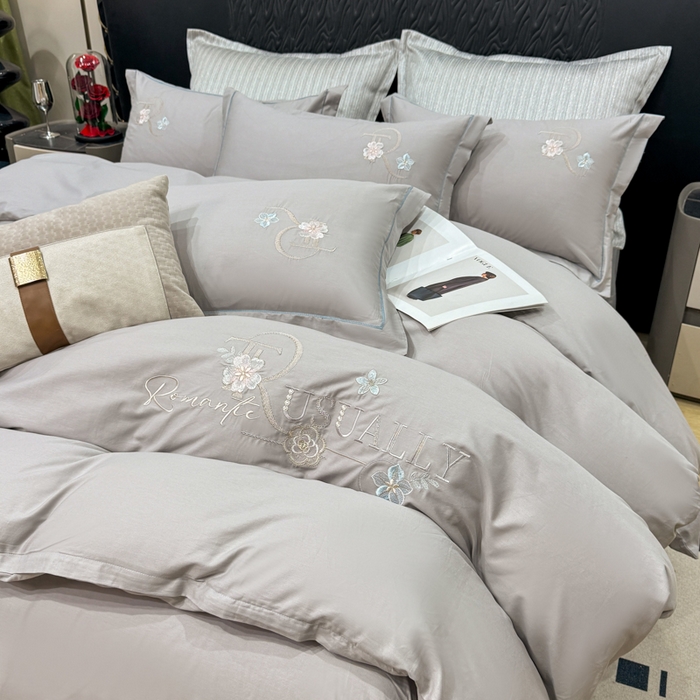 91家纺网 家纺一手货源 找家纺 昊翔家纺 2026全棉纯棉刺绣花四件套40支长绒棉100% 棉礼盒包装 春妍-银灰