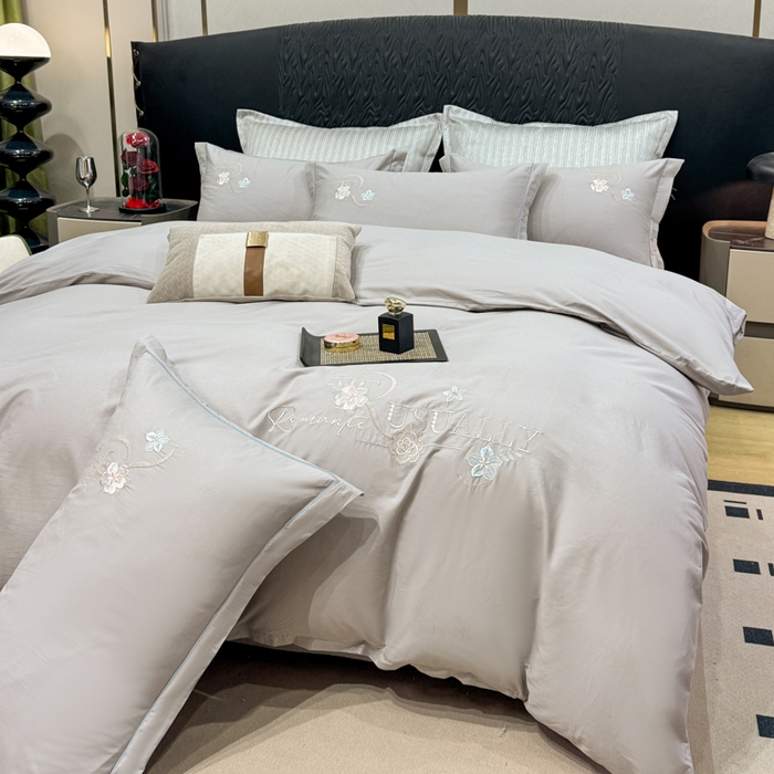 91家纺网 家纺一手货源 找家纺 昊翔家纺 2026全棉纯棉刺绣花四件套40支长绒棉100% 棉礼盒包装 春妍-银灰