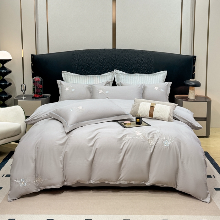 昊翔家纺 2026全棉纯棉刺绣花四件套40支长绒棉100% 棉礼盒包装 春妍-银灰