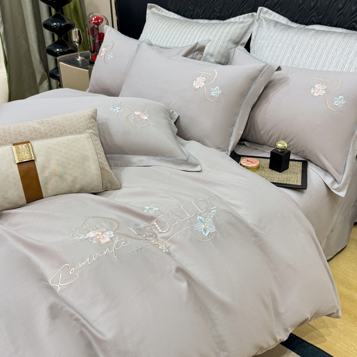 91家纺网 家纺一手货源 找家纺 昊翔家纺 2026全棉纯棉刺绣花四件套40支长绒棉100% 棉礼盒包装 春妍-银灰