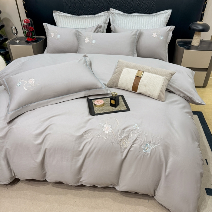91家纺网 家纺一手货源 找家纺 昊翔家纺 2026全棉纯棉刺绣花四件套40支长绒棉100% 棉礼盒包装 春妍-银灰