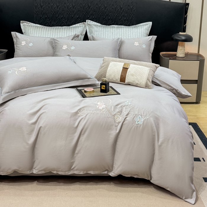 91家纺网 家纺一手货源 找家纺 昊翔家纺 2026全棉纯棉刺绣花四件套40支长绒棉100% 棉礼盒包装 春妍-银灰