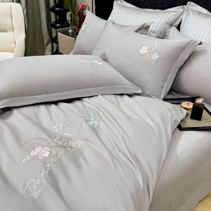 91家纺网 家纺一手货源 找家纺 昊翔家纺 2026全棉纯棉刺绣花四件套40支长绒棉100% 棉礼盒包装 春妍-银灰