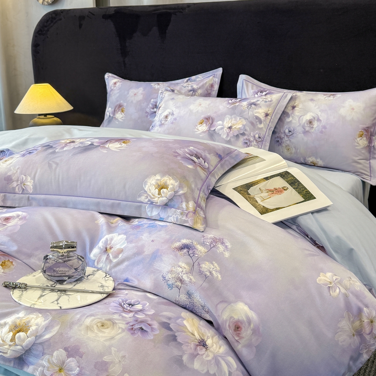 喜四方 2026新款100%全棉60支长绒棉数码印花四件套（控价不低于180）青花舞梦-灰