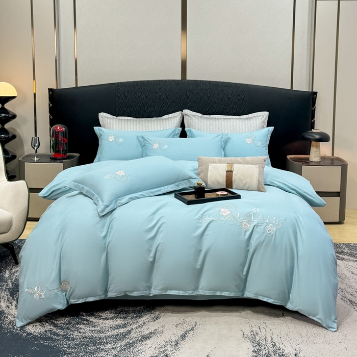 昊翔家纺 2026全棉纯棉刺绣花四件套40支长绒棉100% 棉礼盒包装 春妍-月光兰