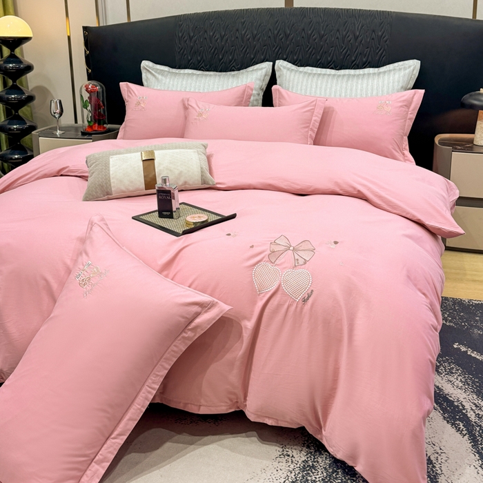 91家纺网 家纺一手货源 找家纺 昊翔家纺 2026全棉纯棉刺绣花四件套40支长绒棉100% 棉礼盒包装 樱桃之恋-豆沙