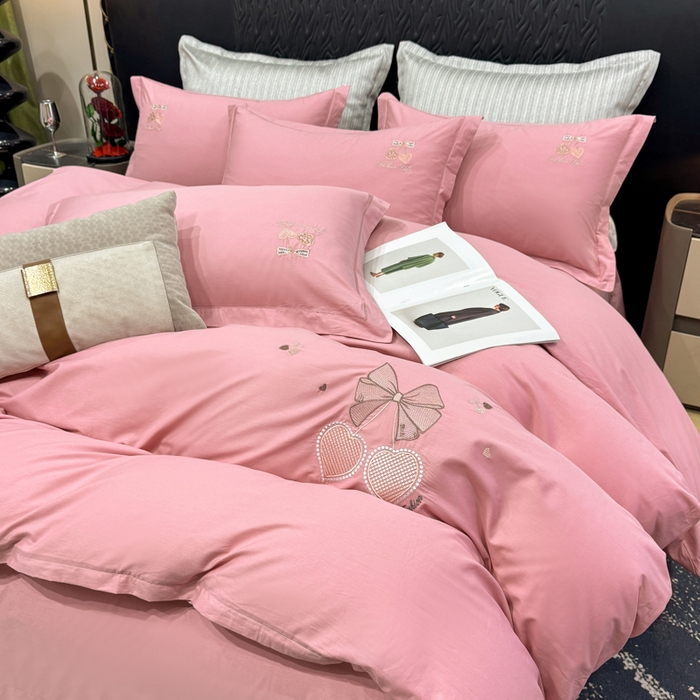 91家纺网 家纺一手货源 找家纺 昊翔家纺 2026全棉纯棉刺绣花四件套40支长绒棉100% 棉礼盒包装 樱桃之恋-豆沙