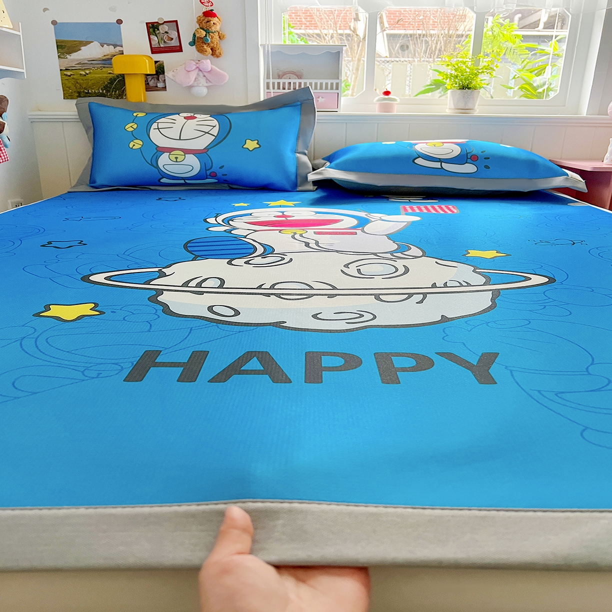 KT猫直营店 2026新款数码卡通印花凉感冰丝软凉席席子 登月叮当蓝-席