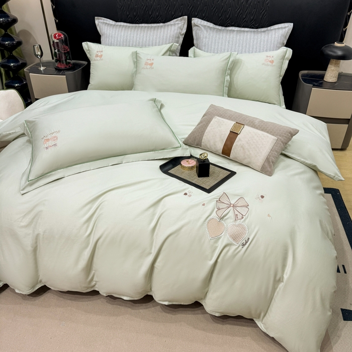 91家纺网 家纺一手货源 找家纺 昊翔家纺 2026全棉纯棉刺绣花四件套40支长绒棉100% 棉礼盒包装 樱桃之恋-青柠绿