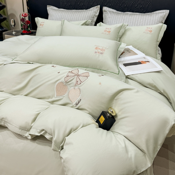 91家纺网 家纺一手货源 找家纺 昊翔家纺 2026全棉纯棉刺绣花四件套40支长绒棉100% 棉礼盒包装 樱桃之恋-青柠绿