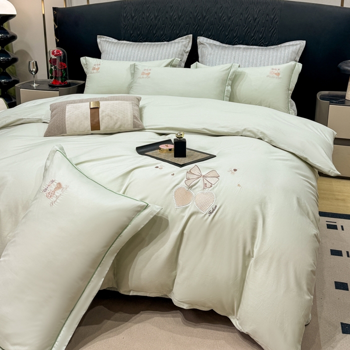 91家纺网 家纺一手货源 找家纺 昊翔家纺 2026全棉纯棉刺绣花四件套40支长绒棉100% 棉礼盒包装 樱桃之恋-青柠绿