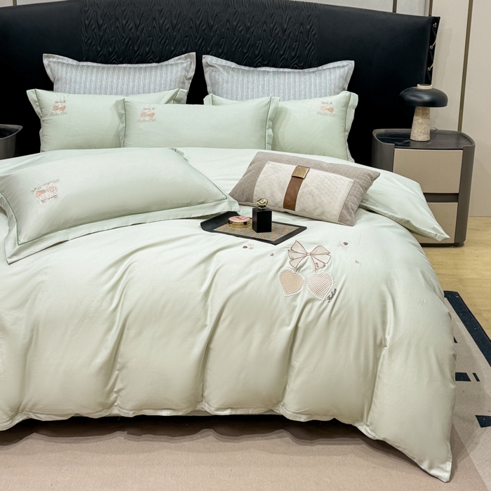 91家纺网 家纺一手货源 找家纺 昊翔家纺 2026全棉纯棉刺绣花四件套40支长绒棉100% 棉礼盒包装 樱桃之恋-青柠绿