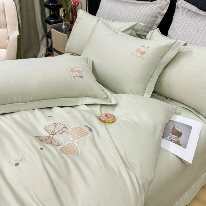 91家纺网 家纺一手货源 找家纺 昊翔家纺 2026全棉纯棉刺绣花四件套40支长绒棉100% 棉礼盒包装 樱桃之恋-青柠绿