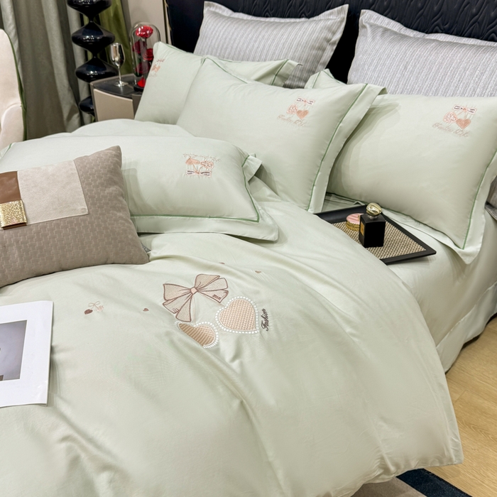 91家纺网 家纺一手货源 找家纺 昊翔家纺 2026全棉纯棉刺绣花四件套40支长绒棉100% 棉礼盒包装 樱桃之恋-青柠绿