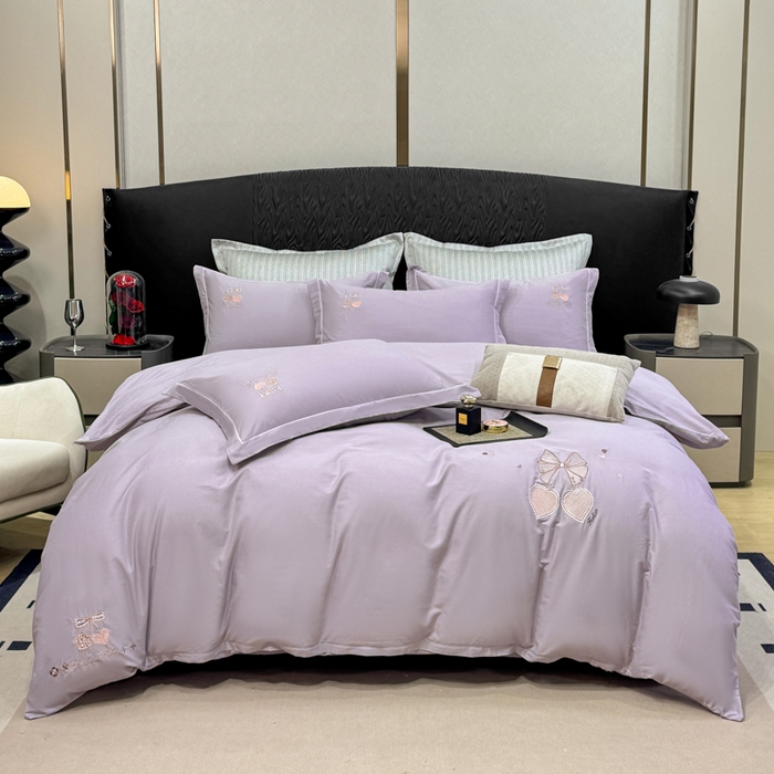 昊翔家纺 2026全棉纯棉刺绣花四件套40支长绒棉100% 棉礼盒包装 樱桃之恋-紫色