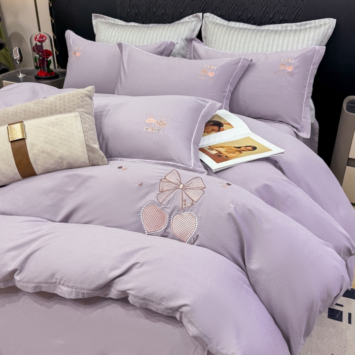 91家纺网 家纺一手货源 找家纺 昊翔家纺 2026全棉纯棉刺绣花四件套40支长绒棉100% 棉礼盒包装 樱桃之恋-紫色