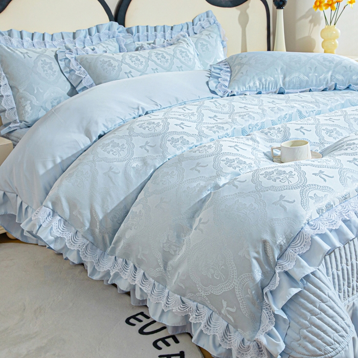 91家纺网 家纺一手货源 找家纺 （总）畅畅家纺 2026新款春夏高档轻奢韩版提花花边床盖四件套水洗真丝冰丝套件