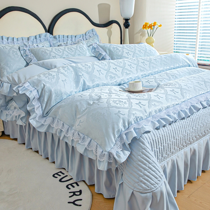 91家纺网 家纺一手货源 找家纺 （总）畅畅家纺 2026新款春夏高档轻奢韩版提花花边床盖四件套水洗真丝冰丝套件