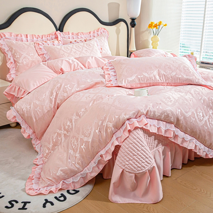 畅畅家纺 2026新款春夏高档轻奢韩版提花花边床盖四件套水洗真丝冰丝套件 花边-粉色