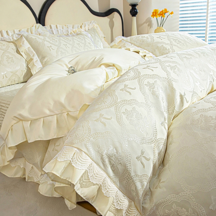 91家纺网 家纺一手货源 找家纺 畅畅家纺 2026新款春夏高档轻奢韩版提花花边床盖四件套水洗真丝冰丝套件 花边-米白色