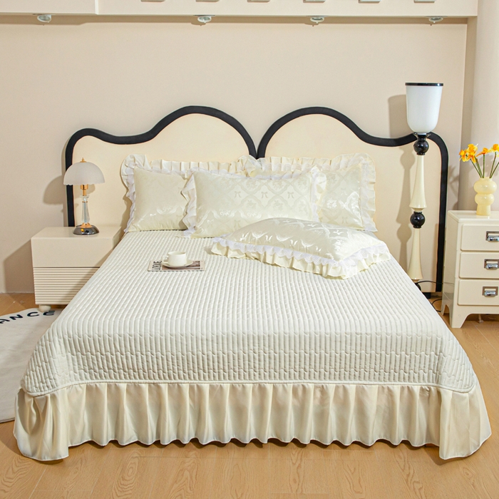 91家纺网 家纺一手货源 找家纺 畅畅家纺 2026新款春夏高档轻奢韩版提花花边床盖四件套水洗真丝冰丝套件 花边-米白色