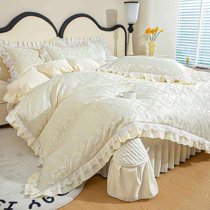 畅畅家纺 2026新款春夏高档轻奢韩版提花花边床盖四件套水洗真丝冰丝套件 花边-米白色