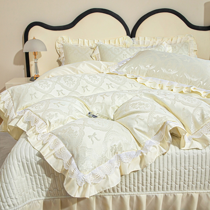 91家纺网 家纺一手货源 找家纺 畅畅家纺 2026新款春夏高档轻奢韩版提花花边床盖四件套水洗真丝冰丝套件 花边-米白色