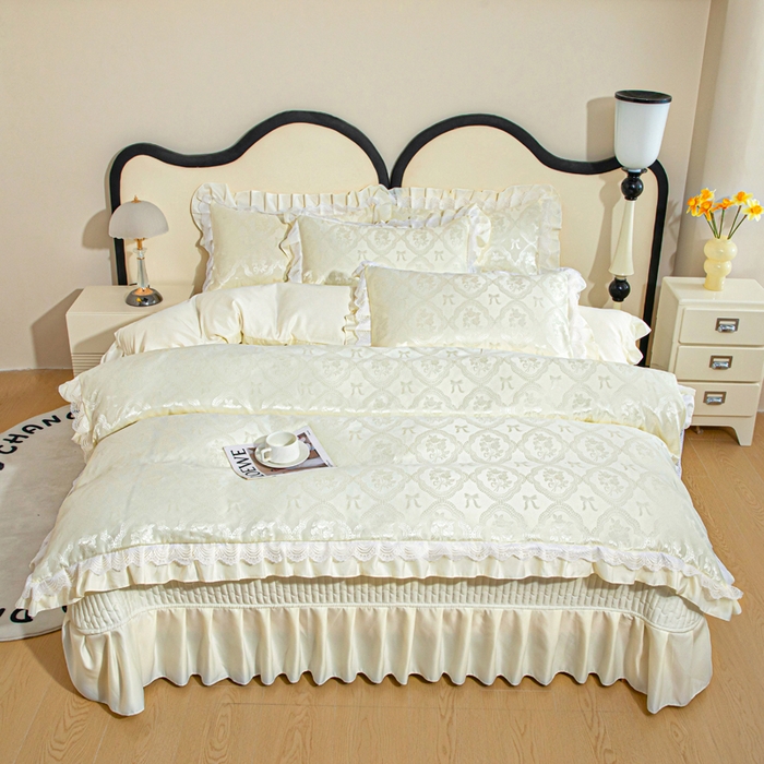 91家纺网 家纺一手货源 找家纺 畅畅家纺 2026新款春夏高档轻奢韩版提花花边床盖四件套水洗真丝冰丝套件 花边-米白色