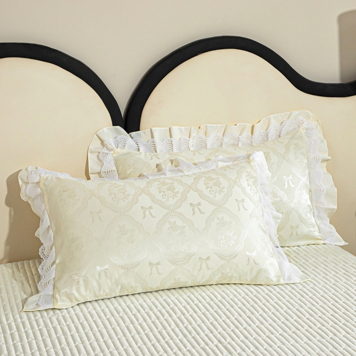 91家纺网 家纺一手货源 找家纺 畅畅家纺 2026新款春夏高档轻奢韩版提花花边床盖四件套水洗真丝冰丝套件 花边-米白色