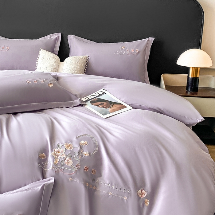 91家纺网 家纺一手货源 找家纺 昊翔家纺 2026全棉纯棉刺绣花四件套40支长绒棉100% 棉礼盒包装 朝花-淡雅紫