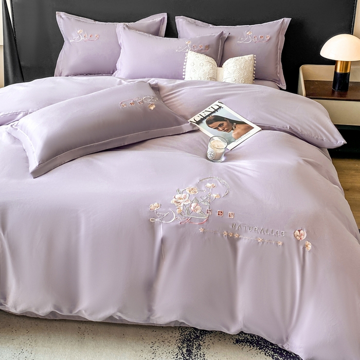 91家纺网 家纺一手货源 找家纺 昊翔家纺 2026全棉纯棉刺绣花四件套40支长绒棉100% 棉礼盒包装 朝花-淡雅紫