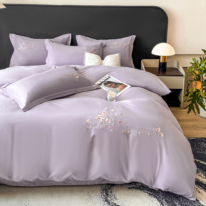 91家纺网 家纺一手货源 找家纺 昊翔家纺 2026全棉纯棉刺绣花四件套40支长绒棉100% 棉礼盒包装 朝花-淡雅紫