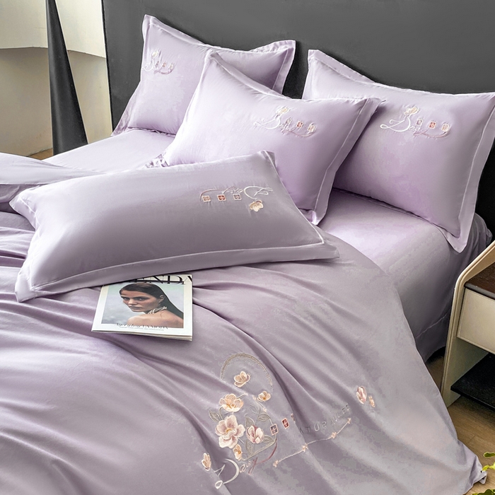 91家纺网 家纺一手货源 找家纺 昊翔家纺 2026全棉纯棉刺绣花四件套40支长绒棉100% 棉礼盒包装 朝花-淡雅紫