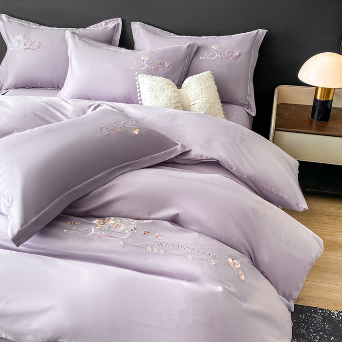 91家纺网 家纺一手货源 找家纺 昊翔家纺 2026全棉纯棉刺绣花四件套40支长绒棉100% 棉礼盒包装 朝花-淡雅紫