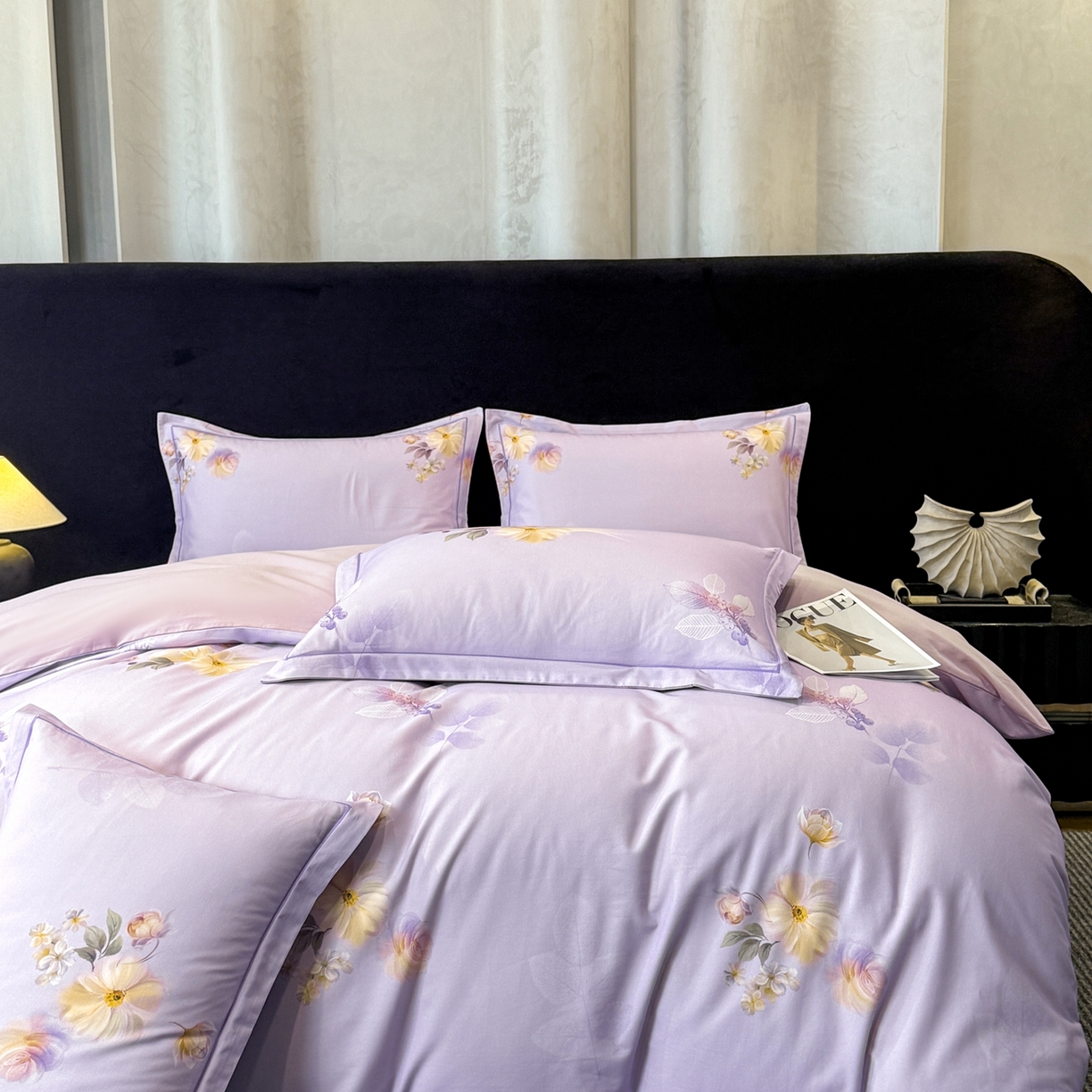 91家纺网 家纺一手货源 找家纺 喜四方 2026新款100%全棉60支长绒棉数码印花四件套（控价不低于180）秋季漫想-紫